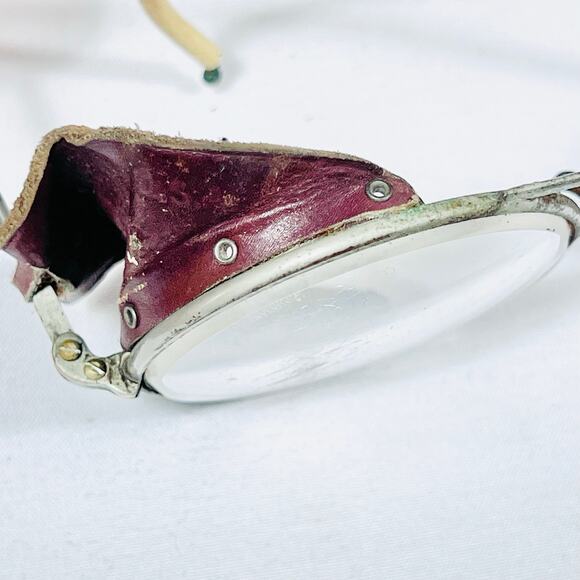 Antique Vintage Motorcycle Glasses W/ Side Leather Metal Wire Frame Round Lens - Picture 14 of 16